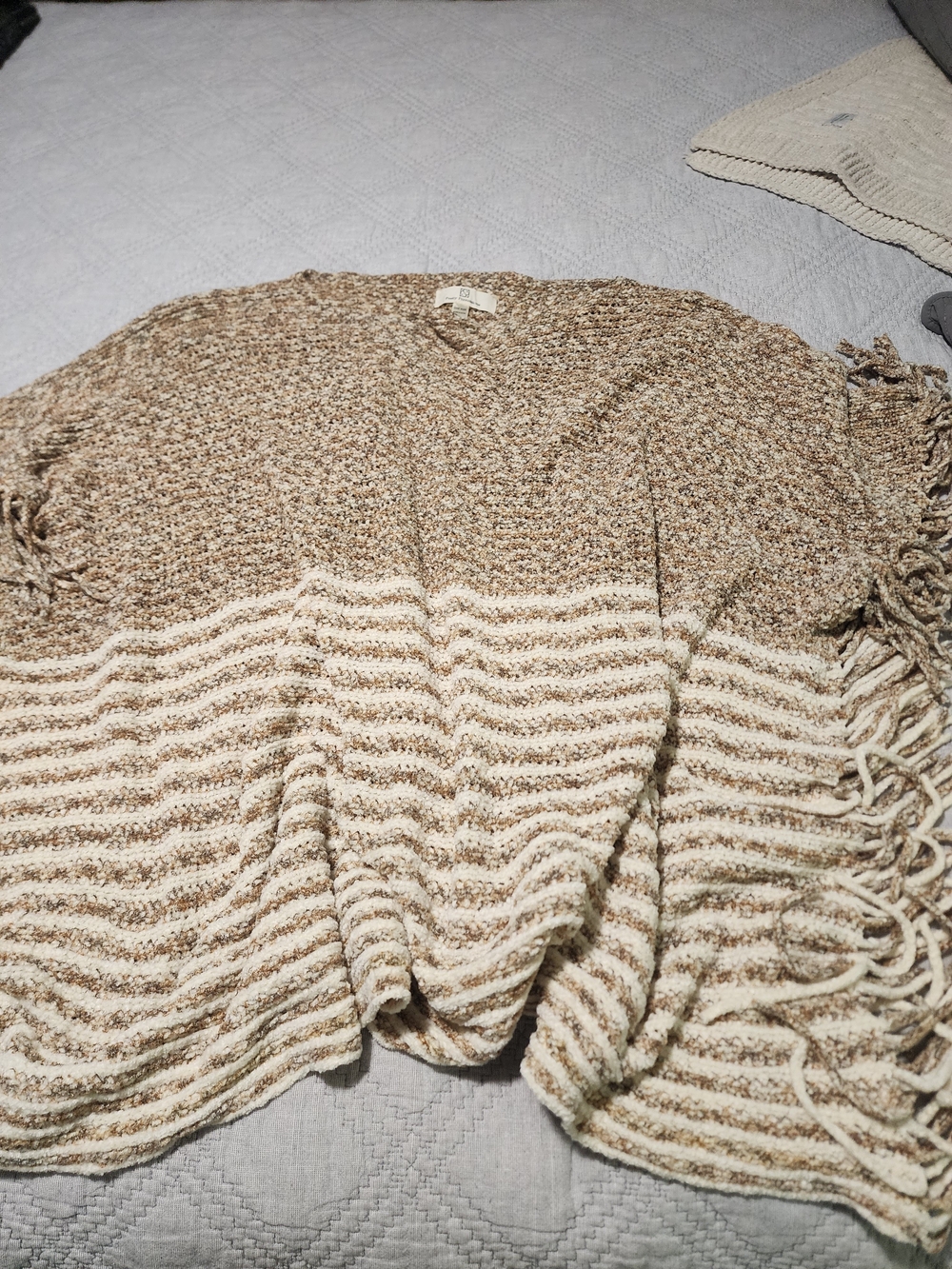 Pretty Persuasions Cream and Beige Striped Fringe Poncho